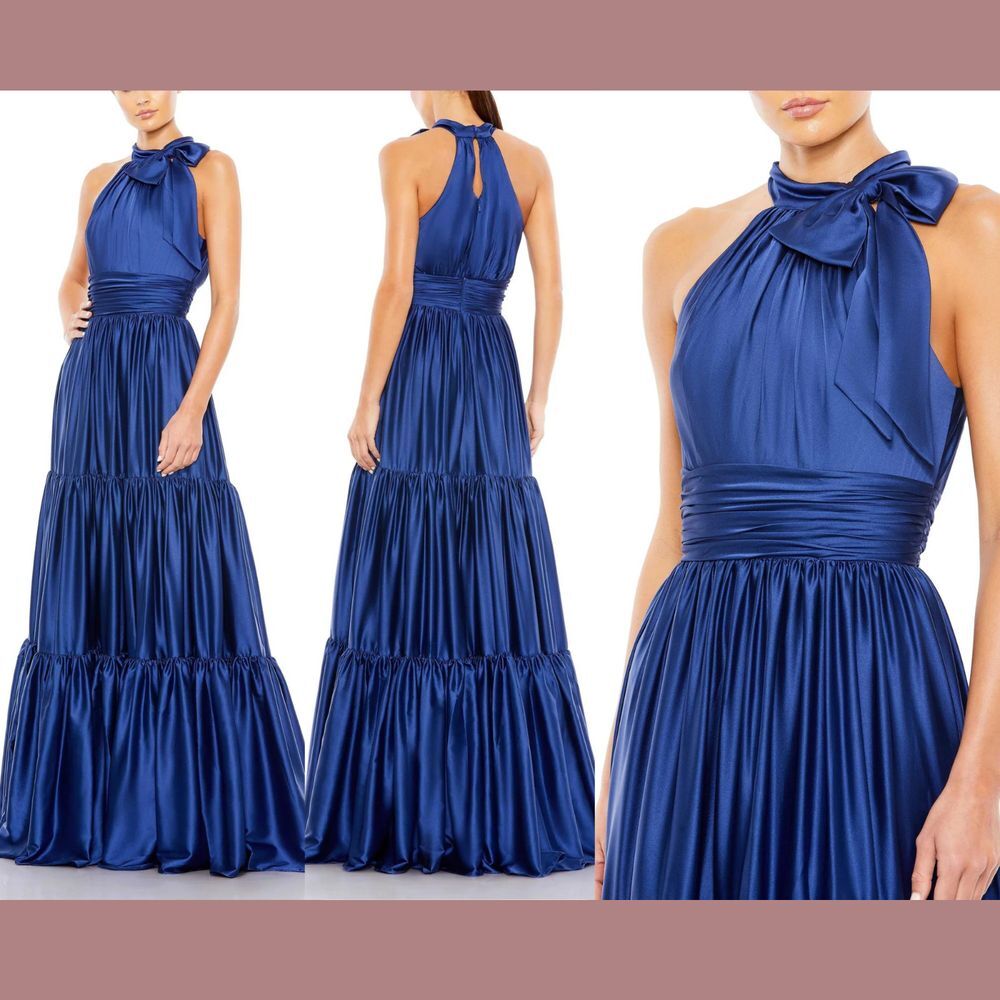 NWT $598 Mac Duggal [ 2 ] Bow Ruffle Halter Neck Gown Sapphire Blue 50658‎ #Q932
